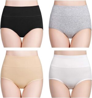 wirarpa Women's Cotton Underwear High Waisted Ladies Panties Full Coverage Briefs 4 Pack (Regular & Plus Size)