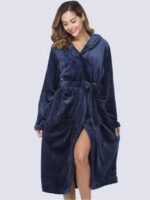 1pc Simple Solid Color Women's Thickened Flannel Hooded Robe For Autumn/Winter Home Use