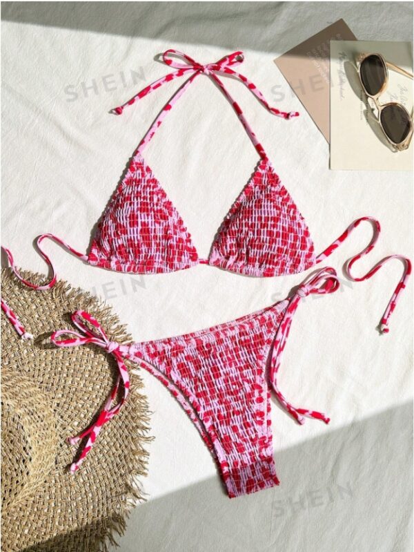 Women Summer Beach Fashionable Allover Print Halter Triangle Bikini Set