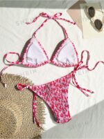 Women Summer Beach Fashionable Allover Print Halter Triangle Bikini Set