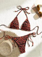 Women Summer Beach Fashionable Allover Print Halter Triangle Bikini Set