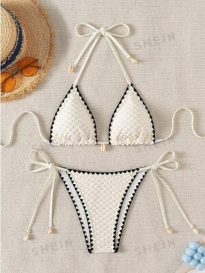 Women's Summer Beach Floral Bikini Set With Fringe Edge Design And Halter Neck Tie