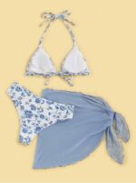 Mod Summer Beach Floral Print Triangle Bikini Set With Beach Skirt