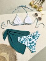 Mod Summer Beach Floral Print Triangle Bikini Set With Beach Skirt