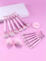 12pcs Multi-Functional Makeup Brush Set Including Powder Brush, Blush Brush, Foundation Brush, Eyeshadow Brush, Blending Brush, Contour Brush, Along With An Oblique Cut Beauty Blender, Rounded Beauty Blender, And White Powder Puff